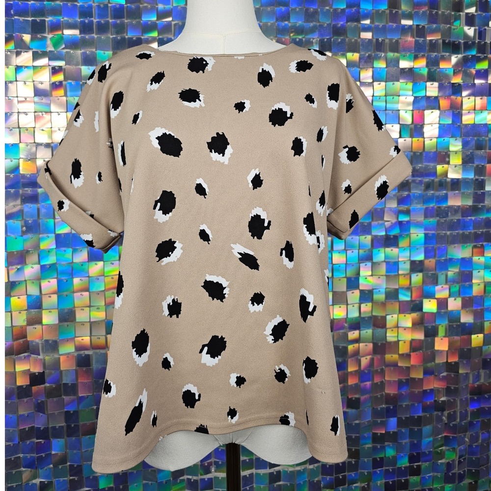 MELLODAY Animal Print Leopard Spot Tunic Top Shirt Womens M Beige Black‎ White